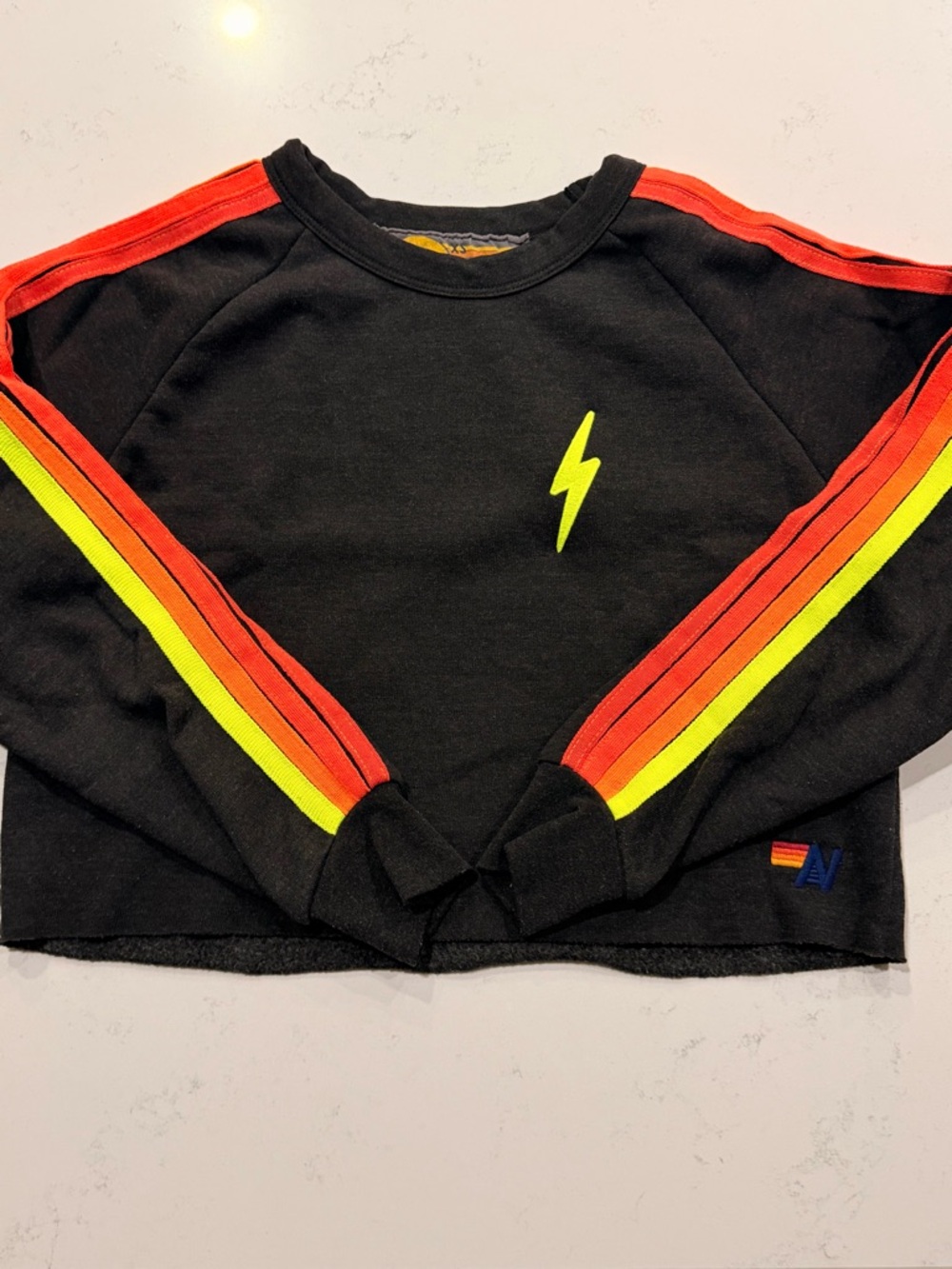 Aviator Nation Bolt Embroidery Classic 4 Stripe Cropped Crew Sweatshirt Size XS